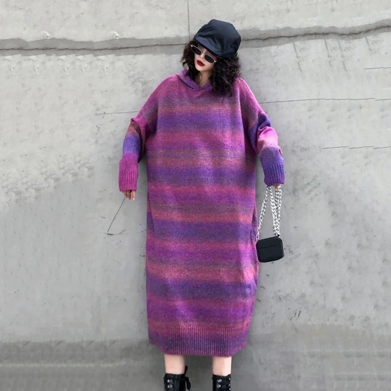 [EAM] женское фиолетовое платье в полоску большого размера, теплое вязаное платье, новинка, с капюшоном, с длинным рукавом, свободное, модное, весна-осень 19A-a2