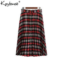 Винтажная элегантная клетчатая плиссированная миди юбка женская модная трапециевидная пуговица стильные женские юбки Faldas Mujer