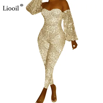 

Liooil Plus Size Off Shoulder Sexy Sequin Bodycon Jumpsuits Fall 2019 Long Sleeve Gold Silver Party Club Rompers Womens Jumpsuit