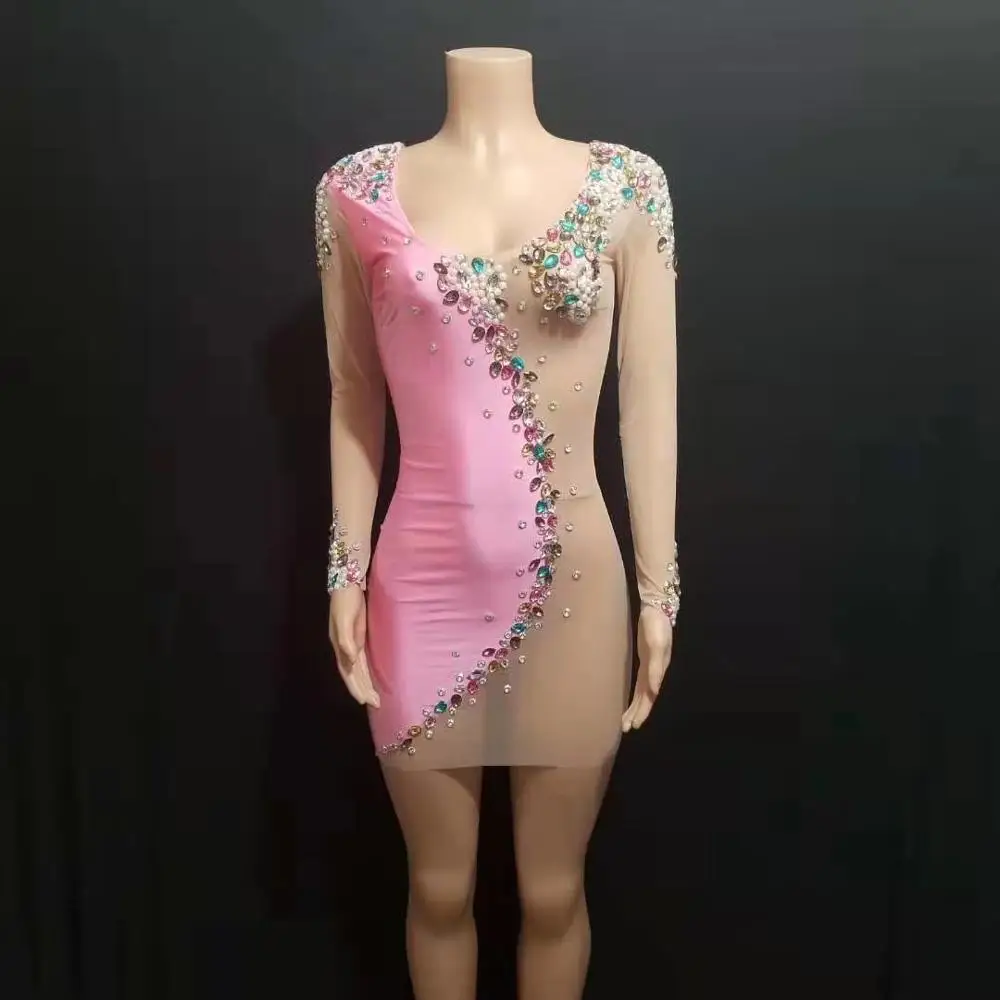 

Big Rhinestones Pearl Pink Mesh Perspective Short Mini Dress Prom Birthday Party One Piece Dresses Nightclub Evening Outfits