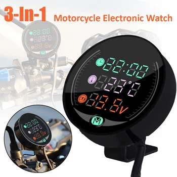 

1pc Universal Motorcycle Electronic Clock Thermometer Voltmeter 3-In-1 IP67 Waterproof Dust-proof LED Watch Digital Display
