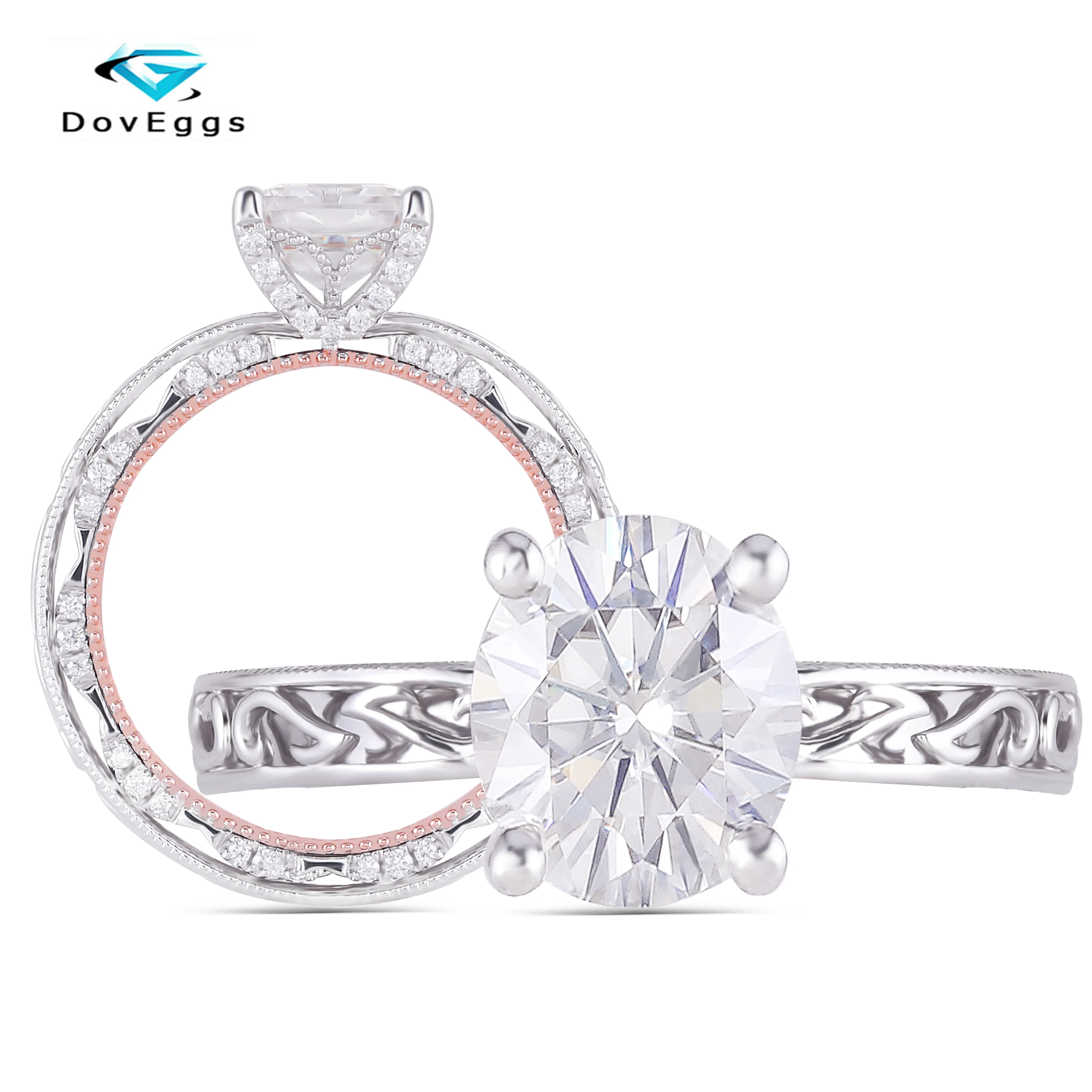 

DovEggs 14K Two Tone White and Rose Gold Overlapped Band Center 2CT 7*9mm F/GH Color Oval Moissanite Wedding Women Accent Ring