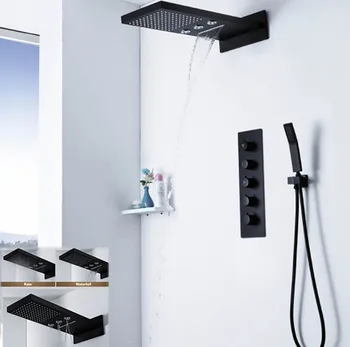 

3 Ways Rain Waterfall Rotating Water Wall Mounted Bathroom Shower Faucet Set Black Finish Thermostatic Valve Mixing Controller