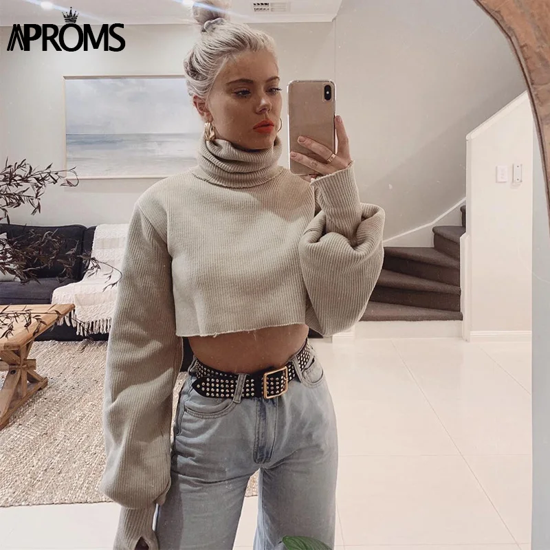 

Aproms Khaki Turtleneck Sweaters Pullovers Women Winter Red Knitted Short Sweater Streetwear Fashion Lantern Sleeve Jumper 2020