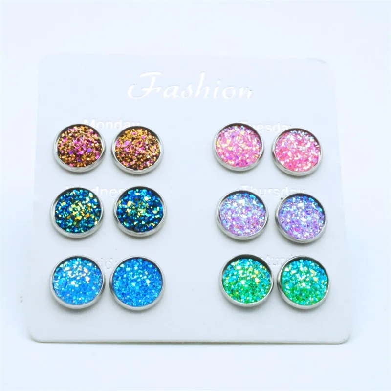 

6 Pairs/Set 12mm Round Druzy Stud Earrings Set Bling Sparkly Resin Stainless Steel Ear Studs Charm Femme Jewelry