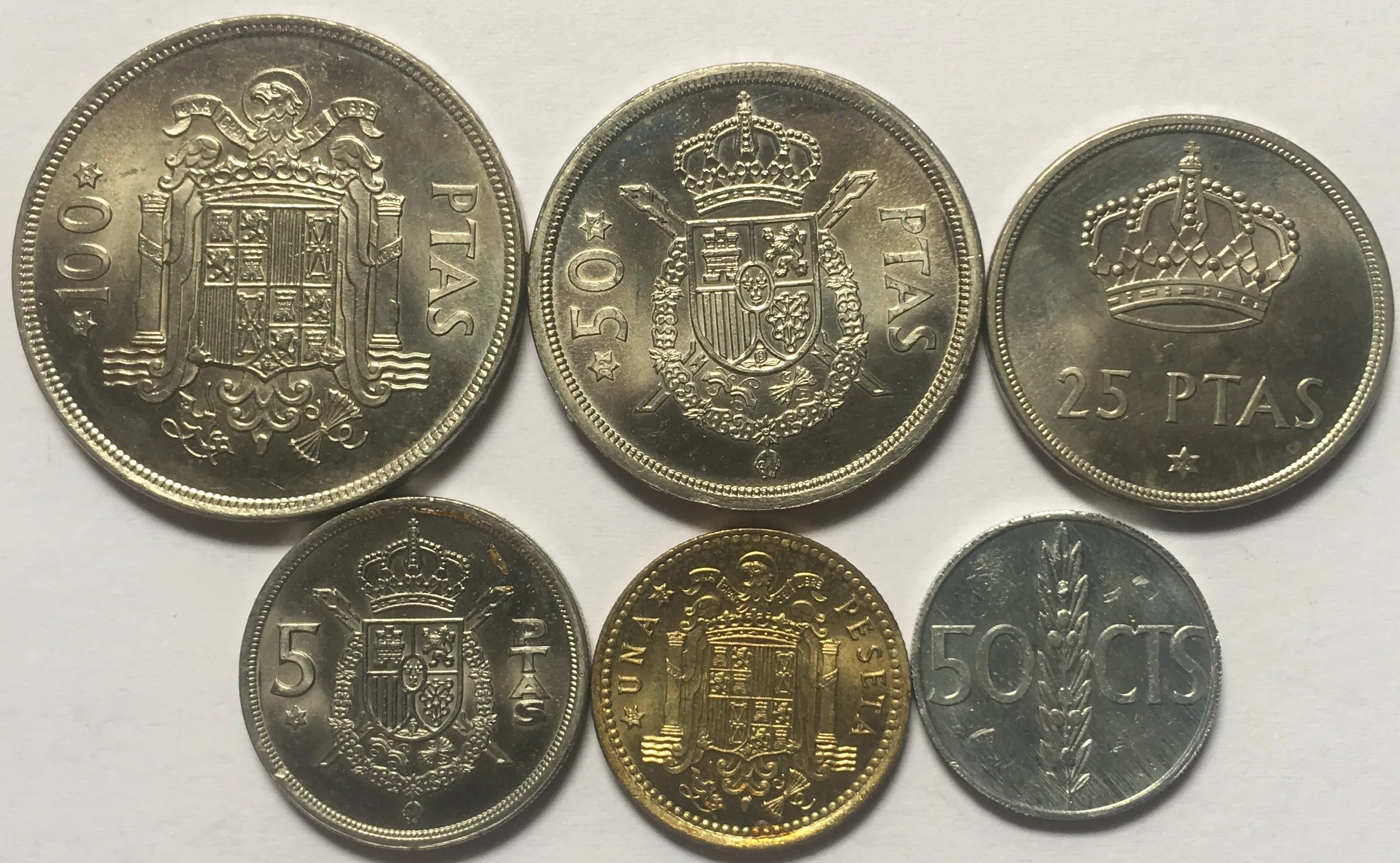 Оригинальные монеты из Испании 1975 набор 6 предметов 50 очков-1-5-25-50-100 100%