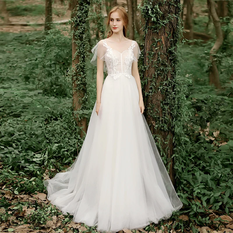 

FENTEFEN Simple High-quality Wedding Dress 2020 Lace Robe De Mariee Vestidos De Novia Brides Dresses Trip Shoot DF-0004