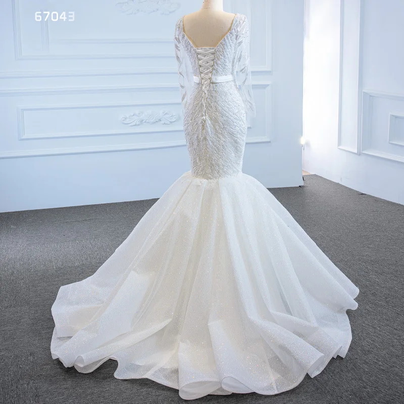 J67043 Jancember 2020 Luxury Mermaid Wedding Dresses Sheer Neck Long Sleeves Illusion Full Lace Sequined Overskirts Sashes Novia 2