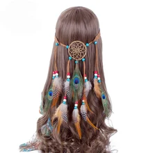 Haimeikang Богемный повязка на голову в стиле хиппи Ловец снов перо головной убор модное перо павлина повязки на голову аксессуары для волос