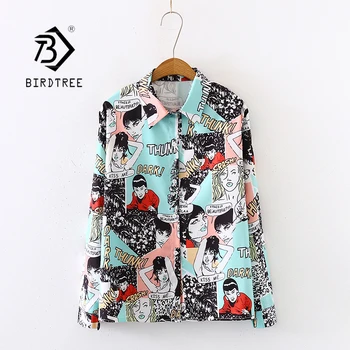 

2020 Spring New Women Comic Letter Print Chiffon Blouse Autumn Long Sleeve Blue Shirt Vintage Loose Tops Feminina Blusa T9D747T