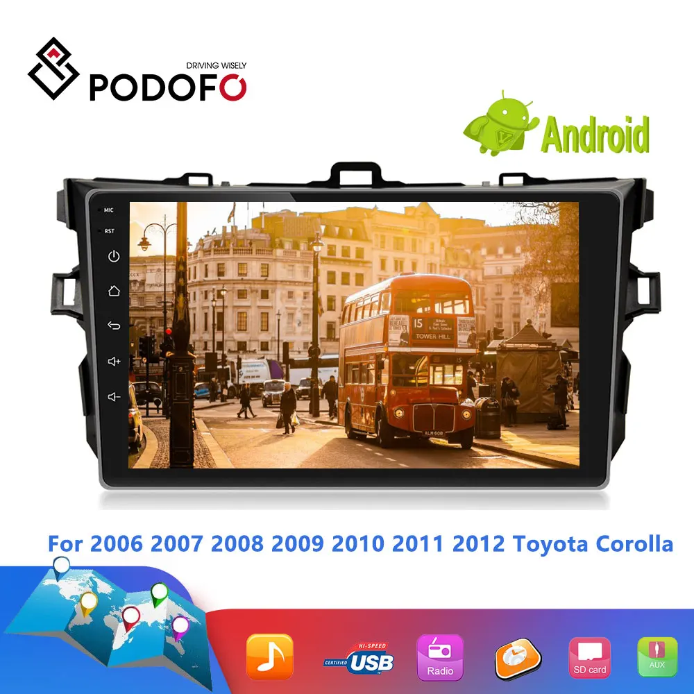 Автомобильный мультимедийный плеер Podofo 2din Android 9 '' GPS аудио Wi Fi для Toyota Corolla 2006 2007 2008 2009 2010 2011