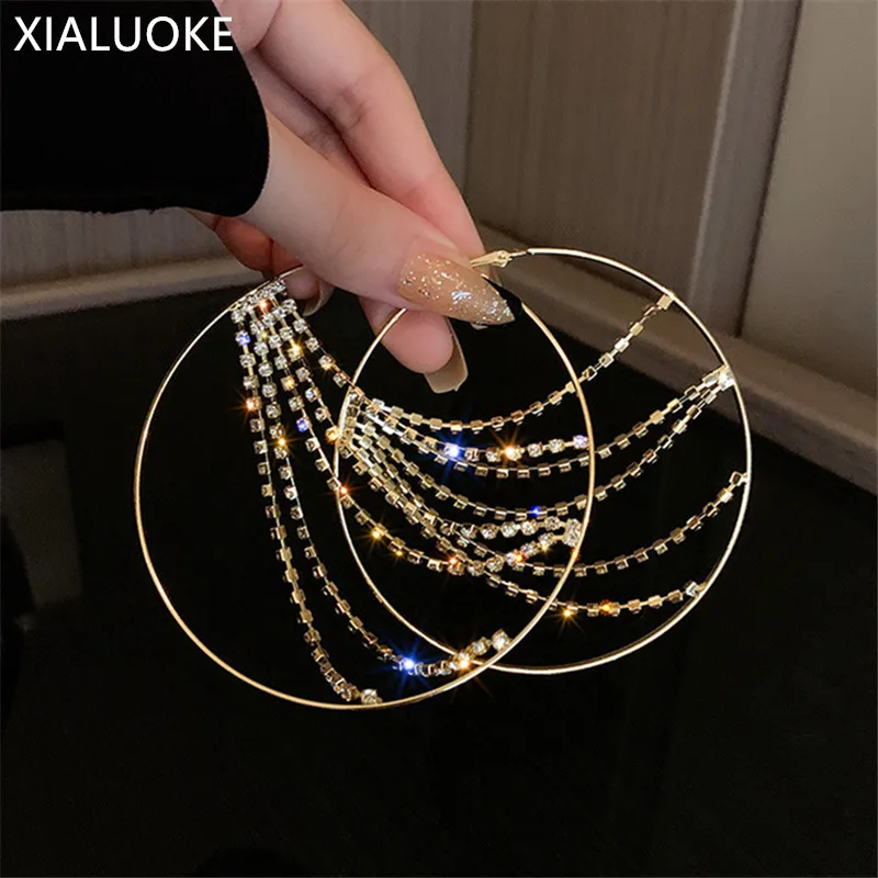 XIALUOKEHyperboleMetalRoundCrystalChainHoopEarringsForWomen
