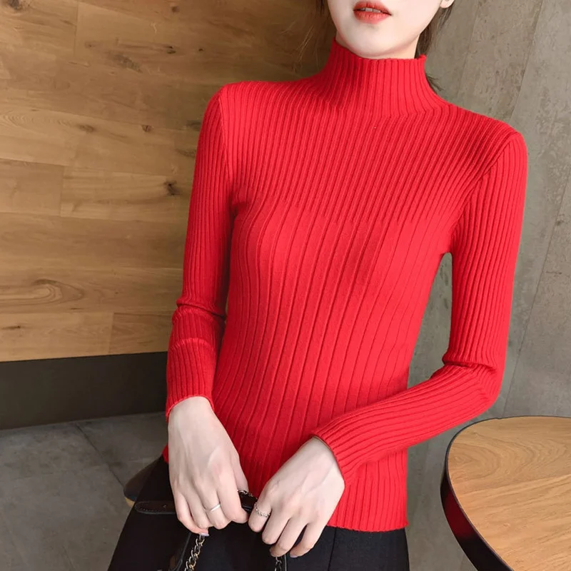 Women Sweater Solid Color Slim Turtleneck Pullover Tops Autumn And Winter Long Sleeve Casual Knitted Bottoming Sweaters