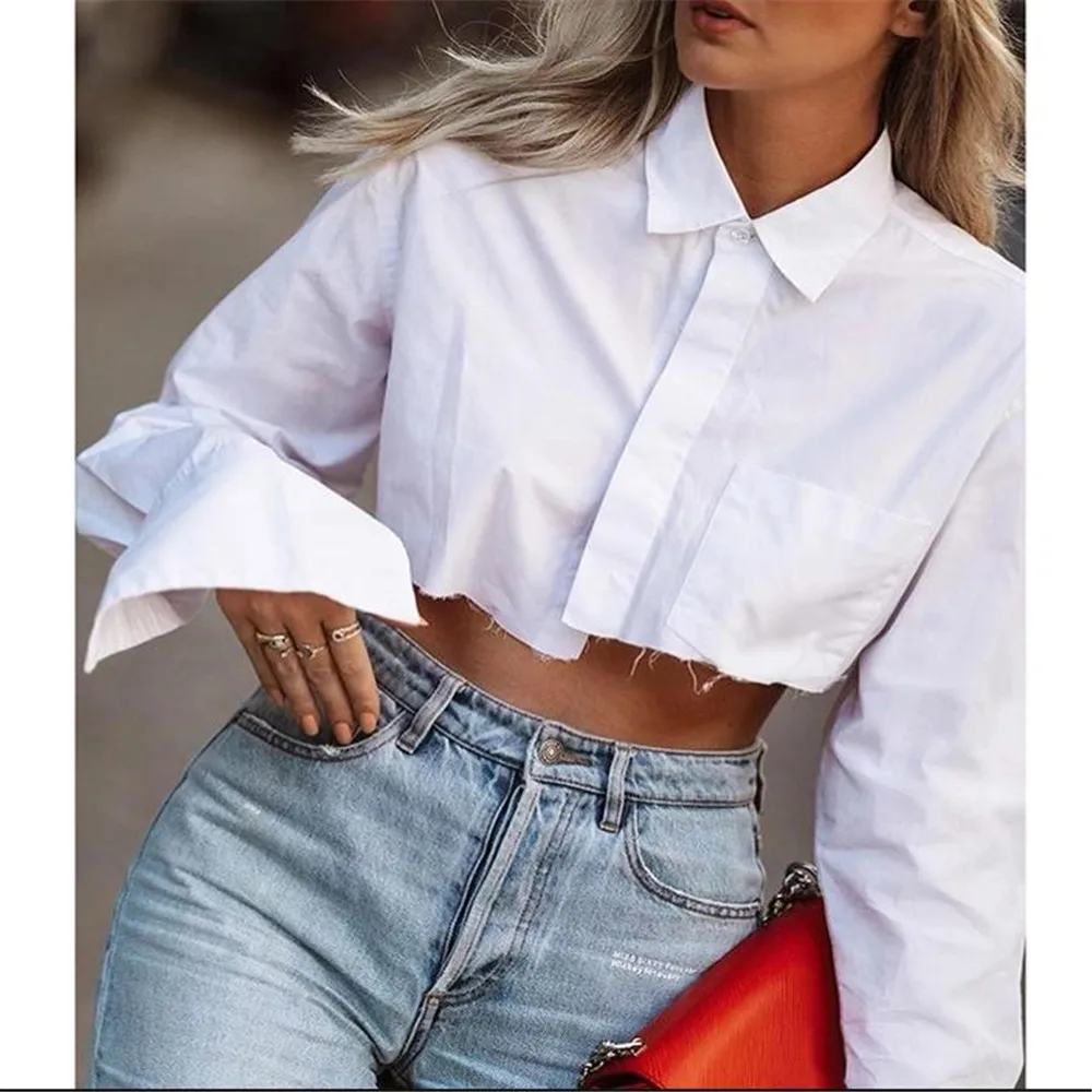 

Women Fashion White Crop Top Blouses Sexy Turn-Down Collar Shirt Long Sleeve Female Clothing Spring Autumn Streetwear Pullover