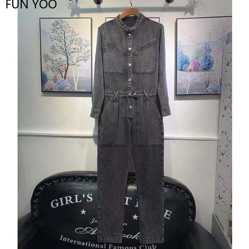 

2019 Woman Cotton Jeans Jumpsuits Ankle length Pockets Mandarin Collar Casual Single Breasted Chic