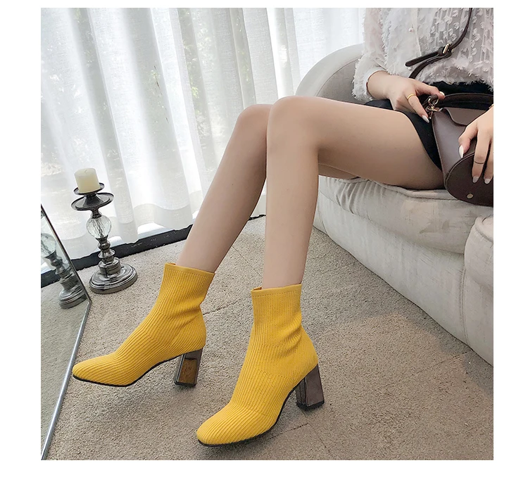 Желтые ботинки модные ботинки пикантные ботинки на высоком каблуке новые осенние женские ботинки г. Женские черные ботинки без застежки Элегантные ботильоны