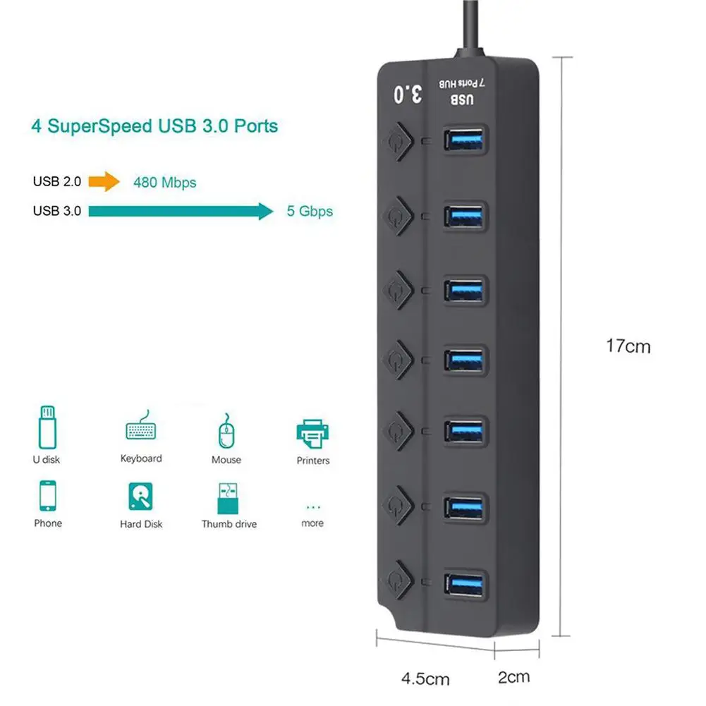 DishyKooker USB3.0 разветвитель 7 портов концентратор адаптер питания переключатель вкл./выкл. С кнопкой
