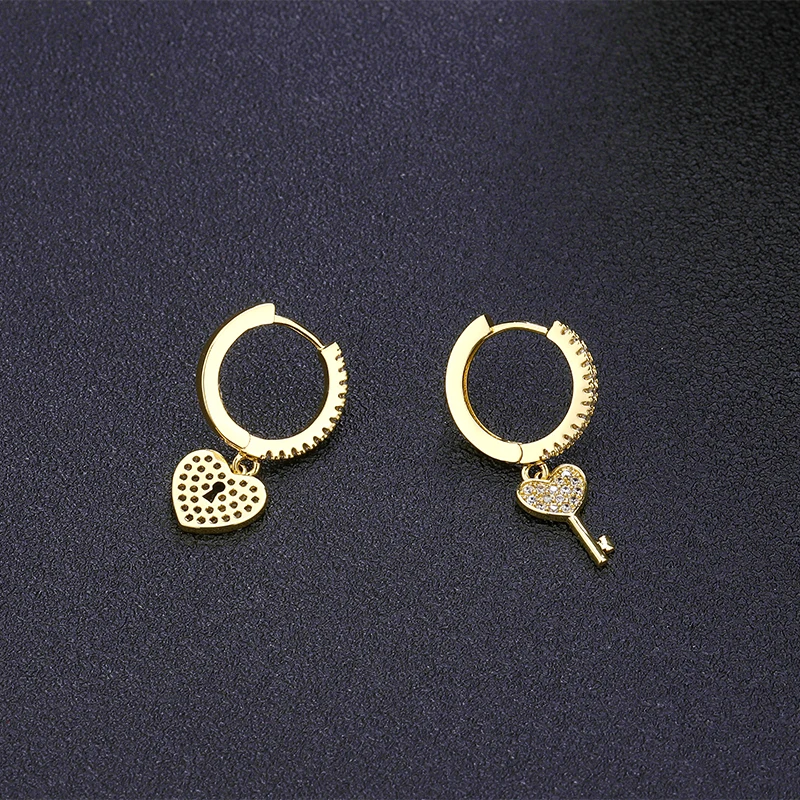

Trendy Gold Silver Love Heart Lock with Crystal Key Earrings New fashion CZ Hoop Earrings For Women wedding Jewelry