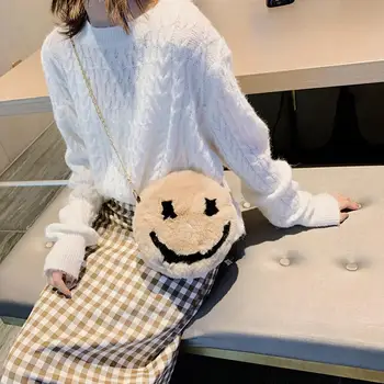 

Female Casuall Round Plush Messenger Bags Women Lovely Smile Chain Small Shoulder Handbag Leisure Crossbody Bags