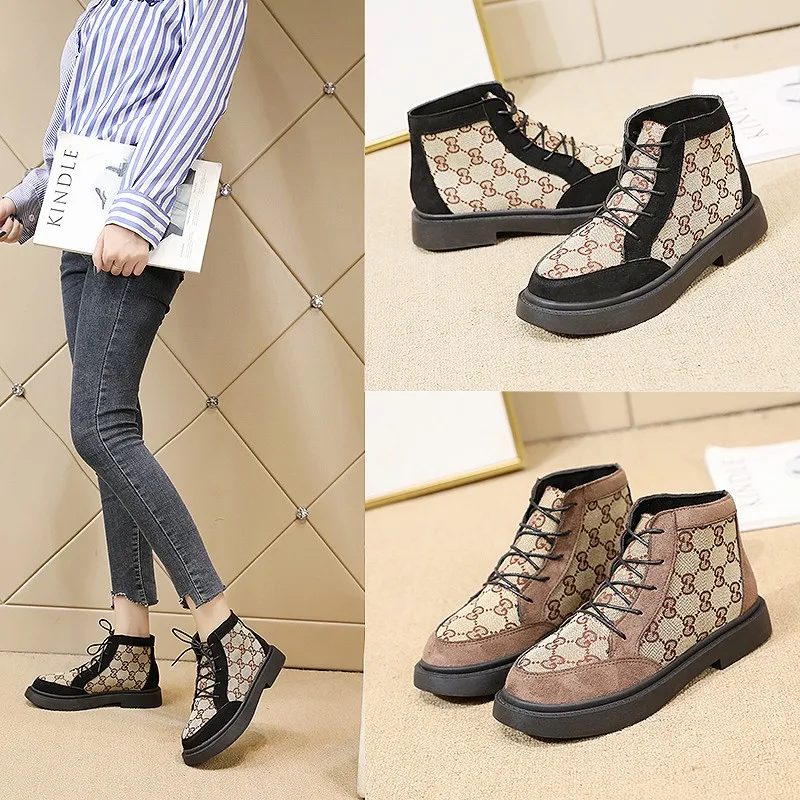 

2019 Autun Winter warm round toe cross-tied plus velvet flat heels snow boots Non Slip Damping shoes bota feminina
