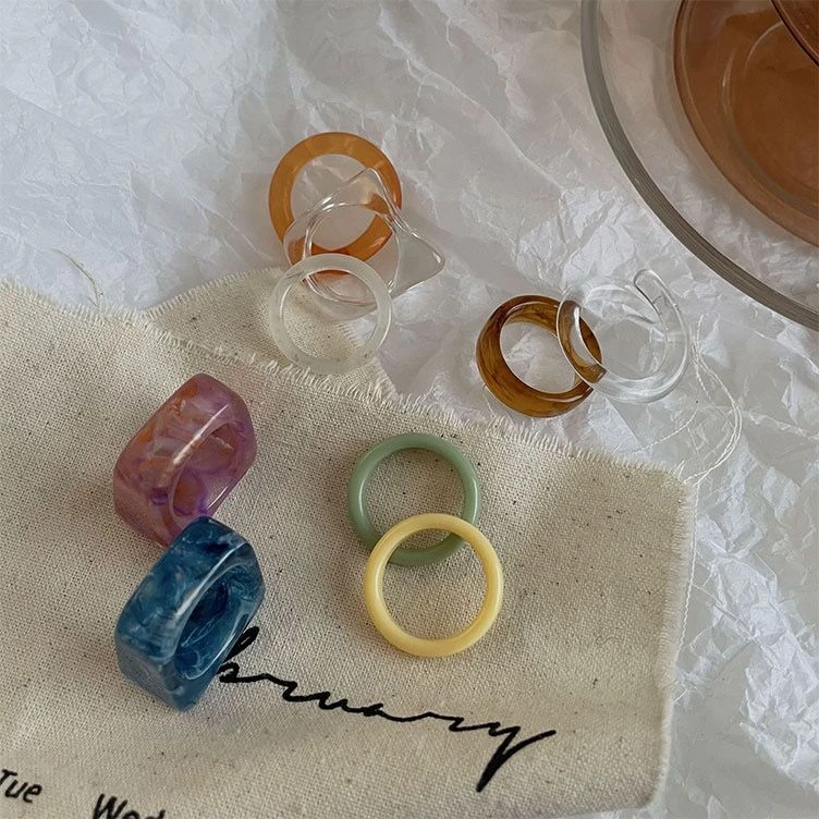 2022 New Kpop Trendy Colorful Transparent Geometry Arc Circle Resin Pattern Acrylic Rings for Women Girls aesthetic Jewelry Gift | Украшения