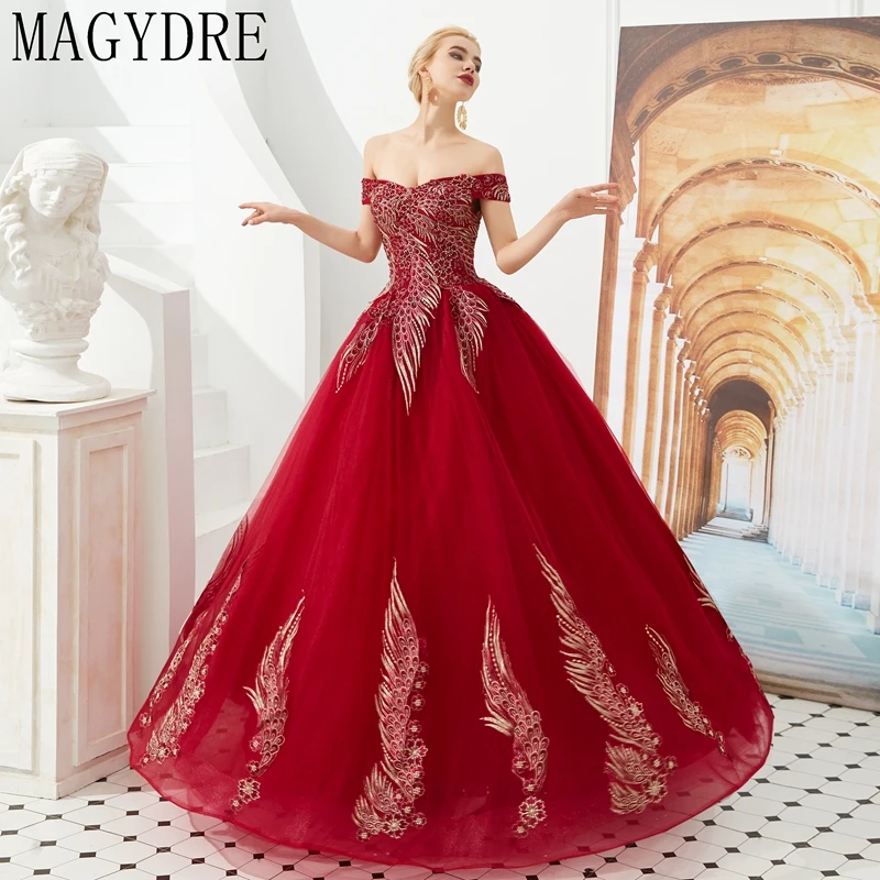 Вышивка Тюль Элегантные бордовые платья Quinceanera красный/зеленый сексуальное бальное платье с открытыми плечами MAGYDRE