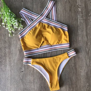 

Striped High Neck Bikinis Women High Waist Swimwear Sexy Hlater Bikini Set Push Up Biquini High Neck Padded Swimsuit Women