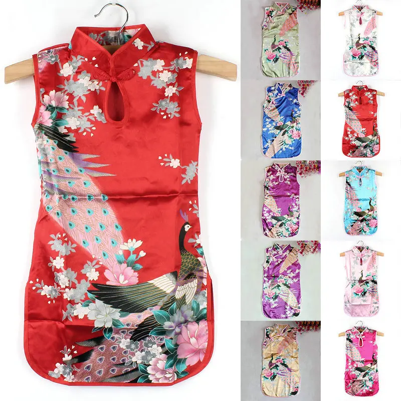 Детское платье для малышей; От 2 до 8 лет принцессы для девочек; свадебное китайское платье Ципао с цветочным принтом и павлином; платье Ципао из мягкой шелковой смеси; облегающие платья; одежда - Цвет: Красный