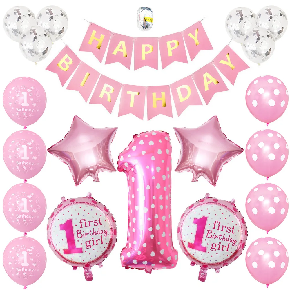 Pink 33 шт./компл. розовый 1 год детский душ первый день рождения большое количество 1 фольги Воздушные шары девушка точка воздушный шар из фольги 1-й вечерние украшения балон - Цвет: Pink