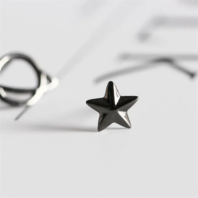 OLOEY Pure 925 Sterling Silver Asymmetry Earrings Cute Black Planet Saturn Star Women Stud Earring Fine Jewelry Gift YME603