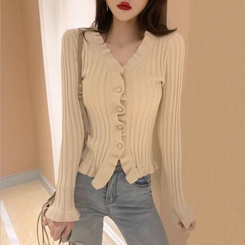 

2020 Winter Autumn Women Ruffle Trim Crop Knitted Long Sleeves Cardigans With Buttons Deep V Neck Crop Knit Jumpers