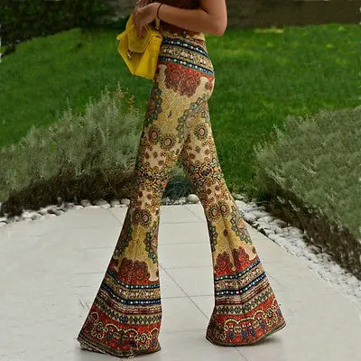 Модные женские расклешенные леггинсы, палаццо, колокольчики, Boho, Цветочные штаны, тянущиеся, высокая талия, желтые, Boot Cut Pant
