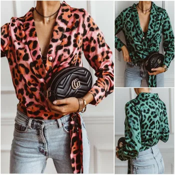 

2020 Autumn Blouse Womens Vintage Long Sleeve Leopard Print V-Neck Tops Leotard Elegant Button Slim Shirt Casual Blouse Womens