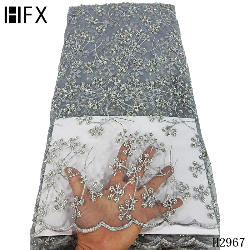 HFX 3d цветок бисером ткань нигерийское свадебное платье кружево Французский роскошный вышитый тюль ткань с бисером Темно-Синий H2967