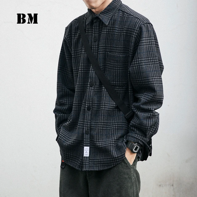 Chemise en laine à manches longues pour hommes, streetwear japonais, haut à carreaux décontracté, revers, haute qualité, optique, vêtements pour hommes, Harajuku CombMale 1