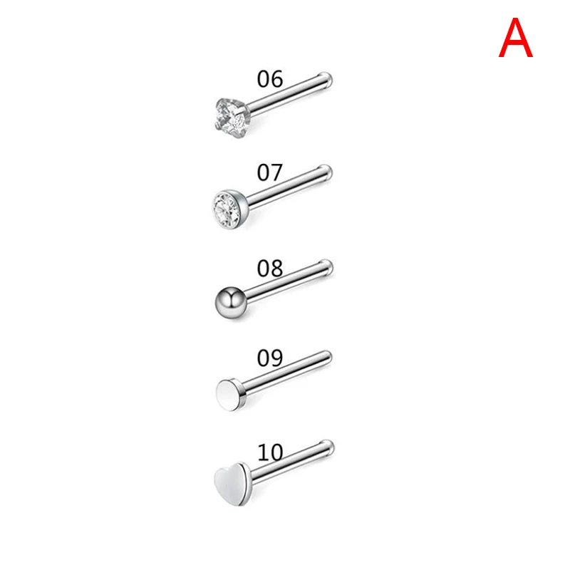 20G Nose Studs Surgical Steel Nostril Studs Screws Nose Ring Hoop Body Piercing Silver Color Heart Stud 5 9 21Pcs