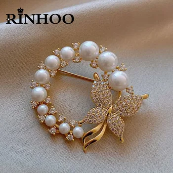 Rinhoo-바로크 모조 진주 라인석 화환 나비 브로치, 여성 트렌드 우아한 원형 잎 브로치 핀 파티 웨딩 선물