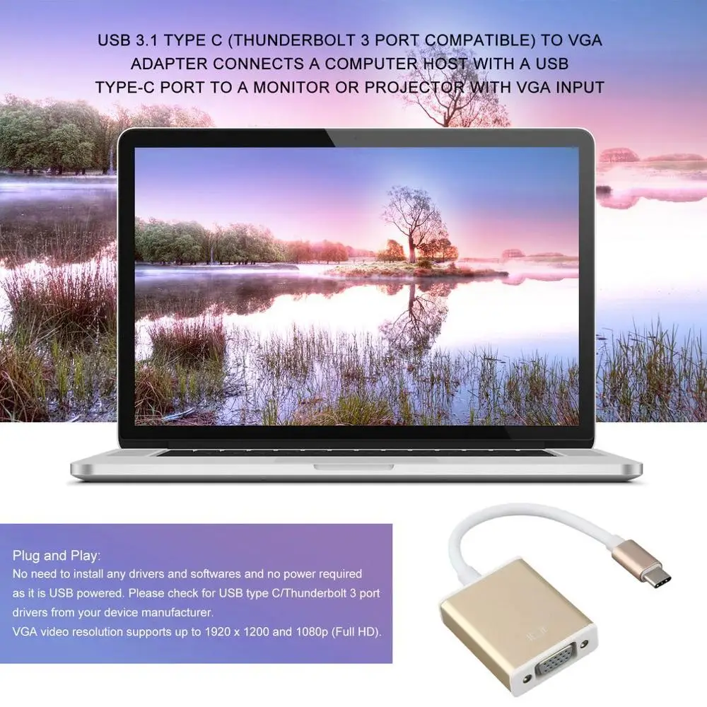 

Type-C TO VGA Adapter Hub, USB 3.1 Type C to VGA Adapter With Aluminium Case for MacBook iMac Chromebook Dell HP and more