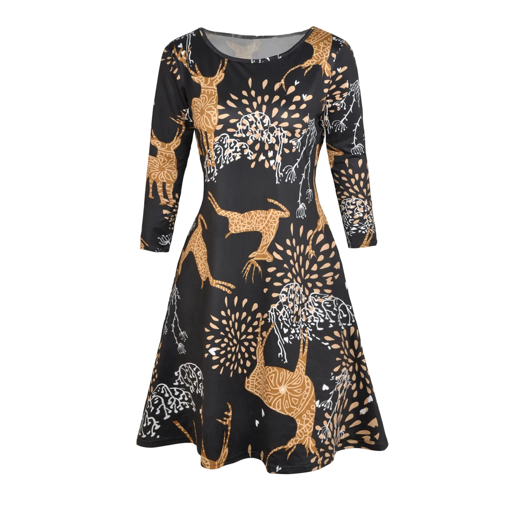 Yellow deer Рождественское платье, женское платье с принтом Санты, Vestido, новогодние вечерние платья размера плюс, зимнее рождественское платье с длинным рукавом, женское платье, ropa mujer D35 - Цвет: Yellow deer