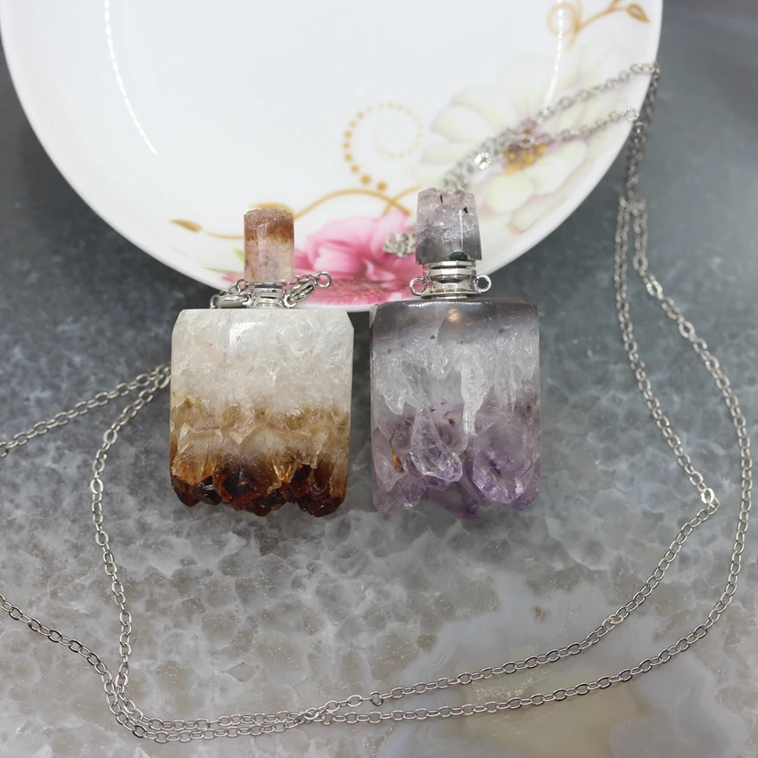 Silvers Brass Chains Raw Amethys Citrines Geode Druzy Perfume Bottle Pendant Necklaces,Drusy Essential Oil Diffuser Vial Charms Silvers Brass Chains Raw Amethys Citrines Geode Druzy Perfume Bottle Pendant Necklaces,Drusy Essential Oil Diffuser Vial Charms
