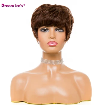 

Dream lce's natural wave short hair wig with bangs synthetic wig 2-5 inches lightbrown