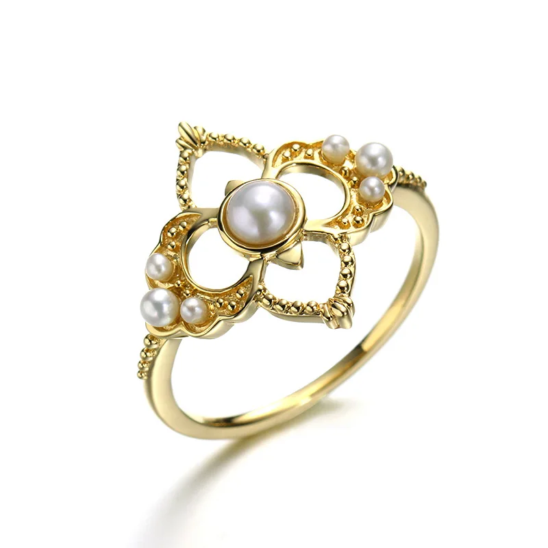 

Luxury Baroque 4-Leaf Clover 14K Pure Real Yellow Genuine Gold Pearl Rings Bands for Women Girl Vintage Retro Fancy Jewelry Gift