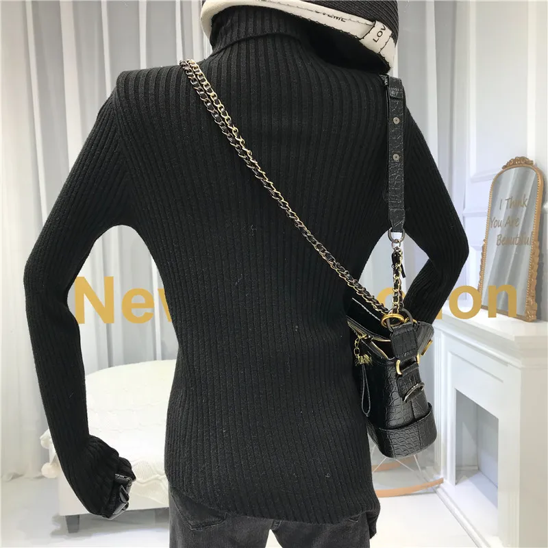 ALPHALMODA Turtle Neck Long-sleeved Irregular Slim Sweater Solid Color Sense Pullover Trendy Women Knitting Jumper