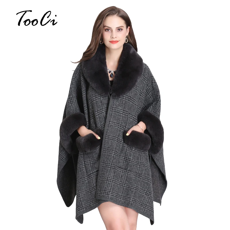 Best Price New Spring Large Size Loose Imitation Fox Fur Collar Pocket Ladies Gray Woolen Outerwear Cardigan Shawl Coat