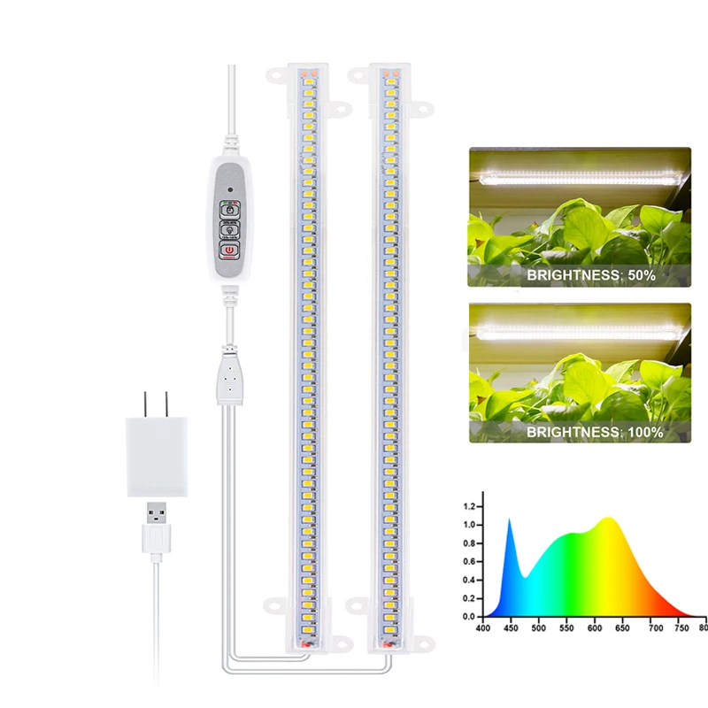 2pcs LED Grow Light Strips Full Spectrum Timer Warm White Led Bars For Plants Phyto Lamp Phytolamp Grow Tent With Power Adapter