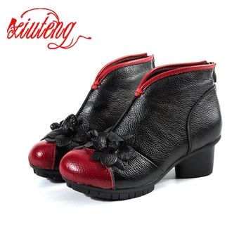 

Xiuteng Leather Flowers Winter 2019 Exquisite Casual National Style Color Matching Round Short Cotton Women's Boots