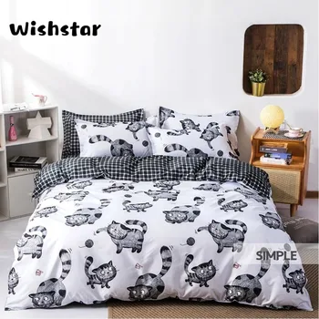 

Cartoon Gray Cat Bedding Set White Duvet Cover Animal Print Pillowcase Linen Sheet Set Black Kids Grid Bed Boys Children Bed