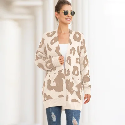 WYHHCJ осень зима Леопардовый вязаный кардиган женский большой размер вязаный свитер кардиган женский элегантный джемпер пальто - Цвет: Light khaki