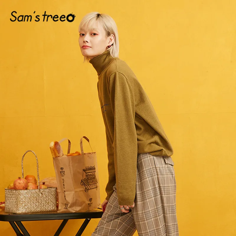 SAM'S TREE, однотонный пуловер с высоким воротом в минималистическом стиле, свитер для женщин, осень, длинный рукав, вязанный, Повседневный, для офиса, женские топы