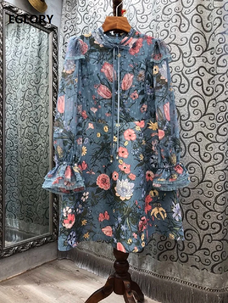 

High Quality New 2020 Autumn Runway Style Dress Women Vintage Jacquard Floral Print Beading Deco Flare Sleeve A-Line Dress XL